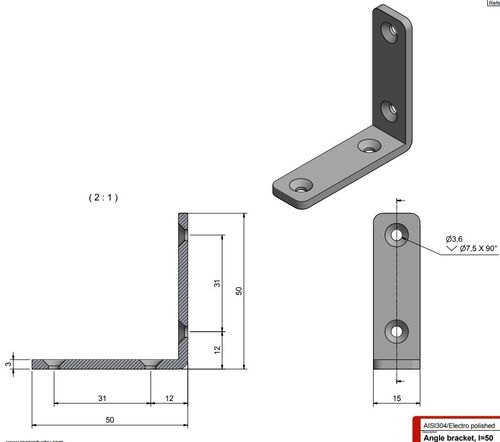 Roca, Vinkelbeslag AISI 304, 50x50x15mm, skrue 3,6mm, RF304