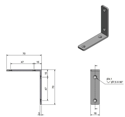 Roca, Vinkelbeslag 70x70x18mm AISI 304 skrue 4,1mm RF304