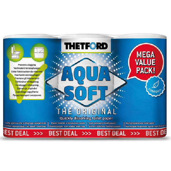 Thetford, Toalettpapper Aqua Soft, 6 rullar - 270 ark per rulla