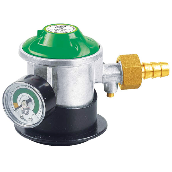 IGT, Gasregulator Jumbo LPG med manometer, 35 mm inlopp - 10 mm utlopp, 29 mbar, Grön/Silver