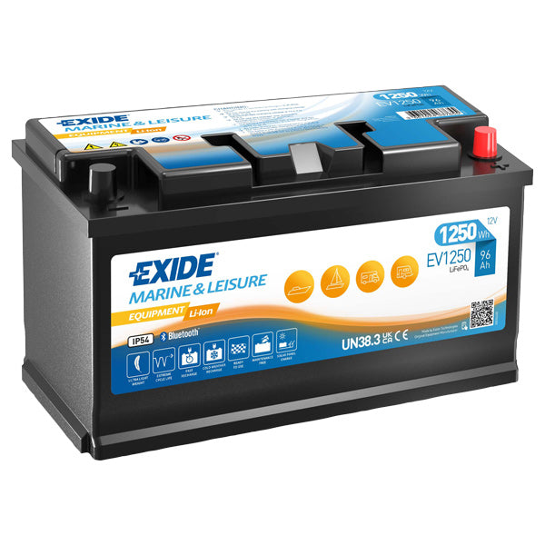 Exide, EV1250 Litiumbatteri 12,8V 96A 1250Wh, 70% lettere, Bluetooth og opvarmningsfunktion