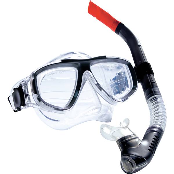 Dykkersæt voksen maske & snorkel, sort, silicone, wide vision, hærdet sikkerhedsglas