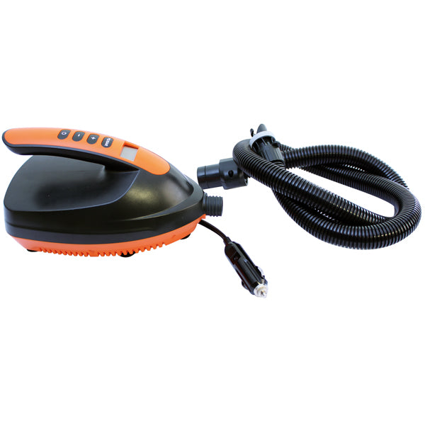 Elektrisk pumpe til SUP boards, 12V til cigarstik, 70 liter/min, 0-16 PSI, LCD display, 3 m strømledning, 1,1 m slange, 6 adaptere