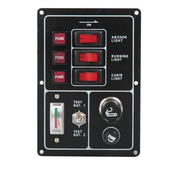 El-panel med cigaretstik, batterimåler og 3 kontakter, 12V, 10 Amp