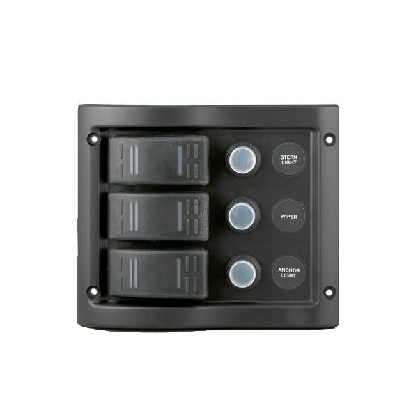 El-panel stænktæt med automatsikring og 3 kontakter, 12V, IP65, 130mm x 100mm, 1 x 5 Amp, 2 x 10 Amp