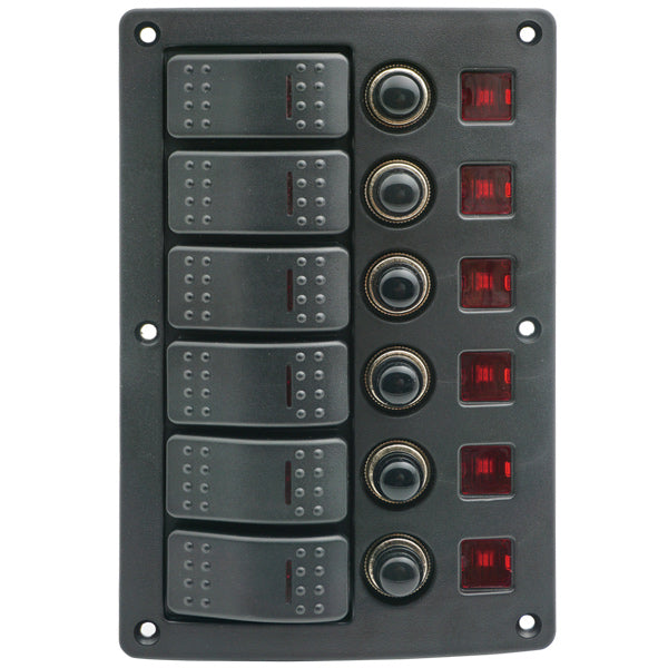 1852, El-panel 6 kontakter med automatsikring 12V-20 Amp/24V-10 Amp, IP65, 120 mm