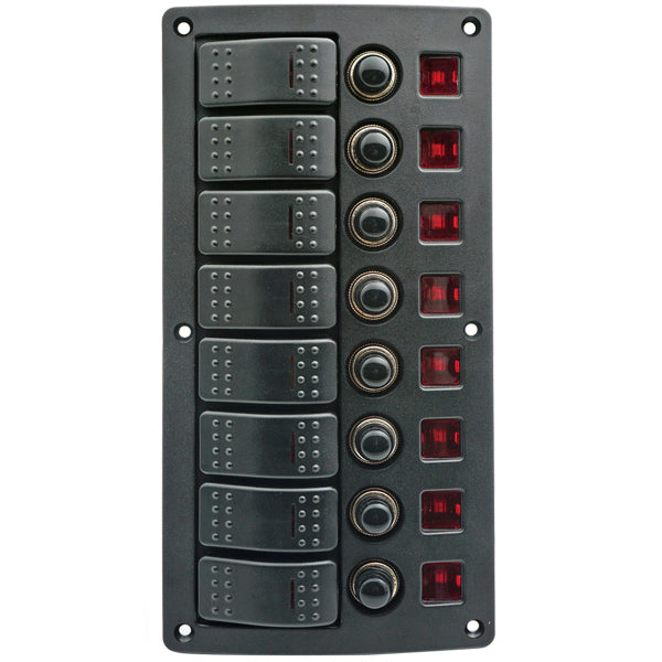 1852, El-panel med 8 kontakter og automatsikring, 12V-20 Amp / 24V-10 Amp, IP65, 235 mm