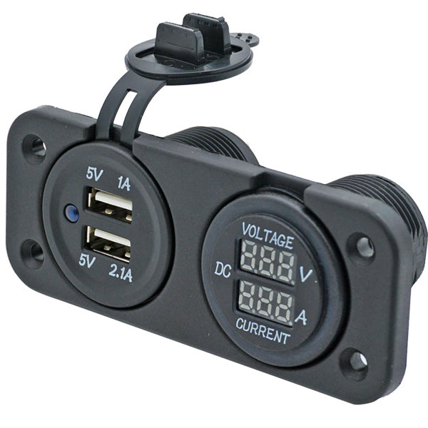 1852, Dobbeltpanel med USB udtag 5V, 1A og 2.1A samt volt/amperemeter 0-10A