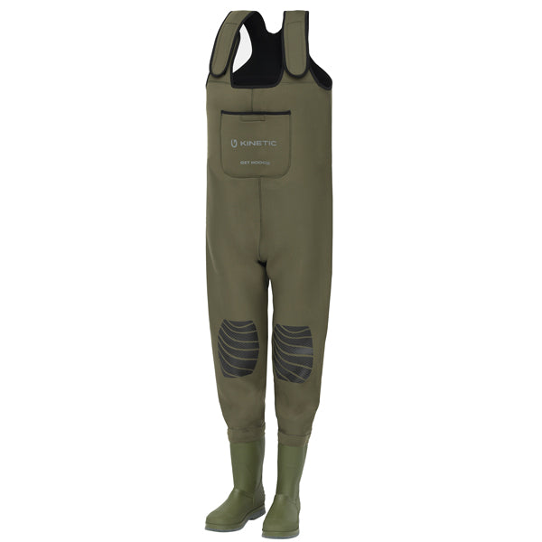 Kinetic, Neogaiter Neopren Waders, Armygrøn, str 40-41, Filtsål, Forstærket knæ, Stor brystlomme