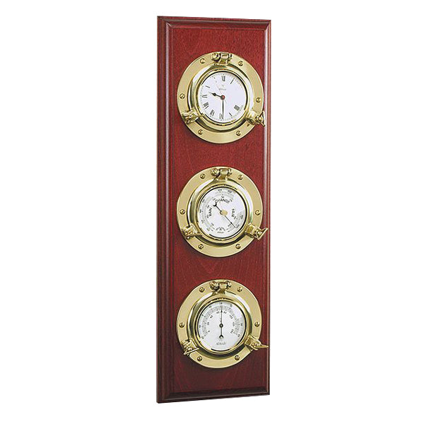 Foresti, Barometerstation med skeppsklocka, barometer &amp; termometer på mahognyplatta, 560 x 160 x 40 mm